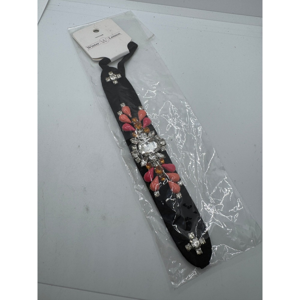 Winter Lennon Black Jeweled Headband Pink Coral Rhinestone Embellished Glam